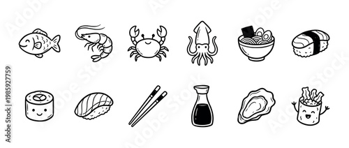 Cute hand-drawn seafood and sushi icons collection featuring various Japanese food items and marine animals in a playful doodle style