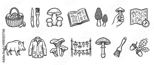 Collection of hand-drawn black and white mushroom foraging icons, depicting various fungi, tools, and outdoor elements in a detailed, illustrative line art style