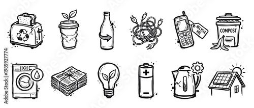 Collection of hand-drawn environmental sustainability icons depicting various items related to recycling, energy saving, and waste management, presented in a clean, illustrative style