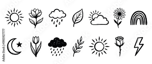 Collection of hand-drawn black-and-white nature icons features various weather, floral, and celestial symbols in a charming doodle style