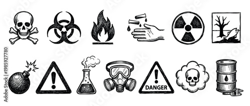 Set of hand-drawn danger warning icons in a black and white sketch style, featuring toxic, biohazard, radiation, flammable, explosive, and chemical hazard symbols