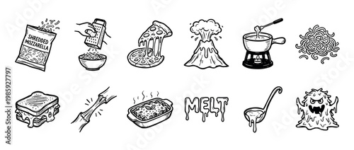 Set of hand drawn melting icons featuring gooey cheese, pizza, fondue, a volcano, and a monster in a black and white doodle sketch style illustration collection