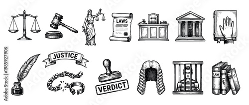 Set of hand-drawn law and justice icons in a vintage engraving style featuring a gavel, scales, courthouse, and Lady Justice statue for legal concepts