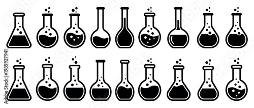 Collection of black laboratory flask icons featuring various glassware shapes with bubbling liquids, representing scientific research and chemical experiments