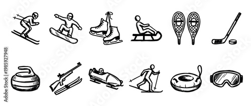 Hand-drawn set of winter sports icons featuring skiing, snowboarding, hockey, and curling in a black and white sketch doodle style for various recreational and competitive activities