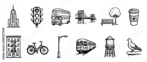 Diverse collection of hand-drawn urban city elements, including iconic architecture, transportation, and daily life objects, rendered in a classic black and white sketch style