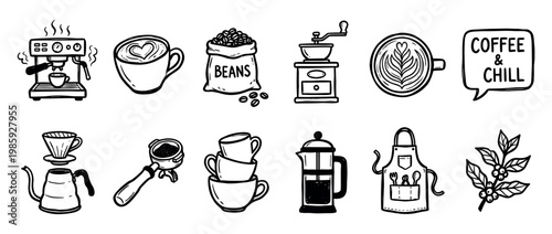 Collection of hand-drawn coffee-themed illustrations features various brewing equipment, cups, beans, and a 'Coffee & Chill' speech bubble, rendered in a charming doodle style