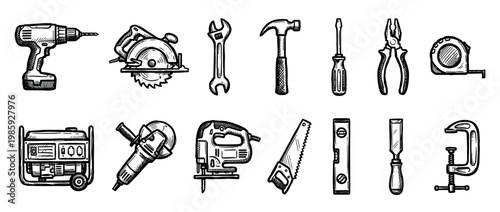 Diverse collection of essential hand tools and power tools is illustrated in a detailed, black and white hand-drawn sketch, showcasing equipment for construction and repair projects