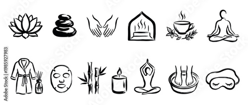 Set of black hand-drawn spa icons for wellness and relaxation, including lotus, meditation pose, hot stones, candle, and other beauty treatment symbols in a minimalist brush stroke style