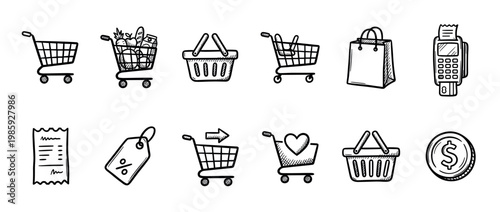 Set of hand-drawn shopping icons featuring a cart, basket, payment terminal, and discount tag in a black and white doodle style for e-commerce and retail concepts