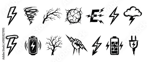 Hand-drawn energy and power icons illustrate various natural and electrical concepts, including lightning, storms, batteries, and bare trees, rendered with a dynamic, expressive, and grungy style