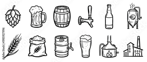These hand-drawn beer brewing and pub icons illustrate essential ingredients, equipment, and vessels in a charming sketch art style, presented with clear outlines and details