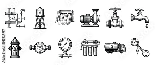 Water supply and plumbing system icons set in a hand-drawn sketch style showing industrial equipment like pipes, pump, valve, meter, dam, and faucet for utility services