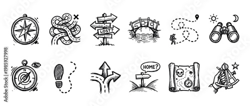 Hand drawn travel and navigation icon set featuring a compass, treasure map, and signpost in a black and white doodle style illustrating adventure, exploration, and getting lost