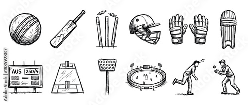 Comprehensive collection of hand-drawn cricket equipment and action illustrations captures the essence of the sport with a dynamic, energetic sketch style
