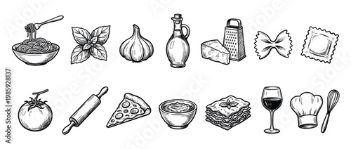 Hand-drawn black and white Italian food illustrations set with pasta, pizza, lasagna, wine, and fresh ingredients in a vintage, engraved sketch style for a restaurant menu
