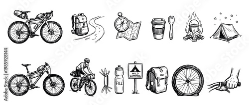Hand-drawn black and white bikepacking illustrations showing a bicycle, tent, campfire, map, and other adventure travel equipment in a detailed sketch style collection
