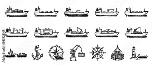 Hand-drawn set of maritime shipping icons including cargo ships, container vessels, a tugboat, anchor, compass, port crane, and lighthouse in a black and white sketch style