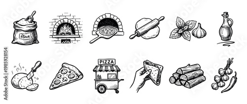 Hand-drawn pizza making ingredients and equipment icons in a black and white sketch style, featuring a brick oven, dough, flour, cheese, and a food cart for a pizzeria menu