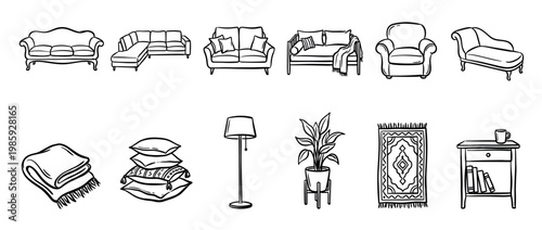 Hand-drawn furniture and home decor illustration set featuring a sofa, armchair, lamp, plant, and rug in a simple black and white line art doodle style for interior design concepts