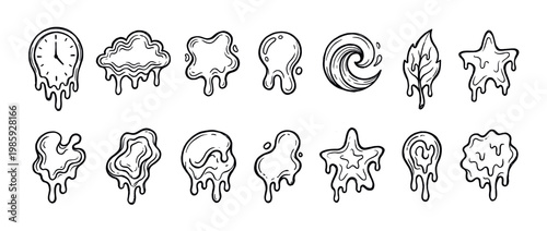 Set of hand-drawn melting doodle icons featuring a clock, star, cloud, and abstract shapes in a surreal, psychedelic graffiti style with bold black outlines for creative design