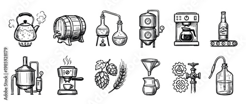 Hand-drawn sketch icons of brewing equipment for beer, coffee, and distillation, including a barrel, fermenter, hops, and barley in a vintage doodle style illustration set