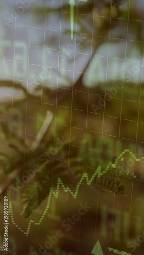 Camera shifting, branch swaying, dotted graph rising in steps, luminous bar rising, showing growth