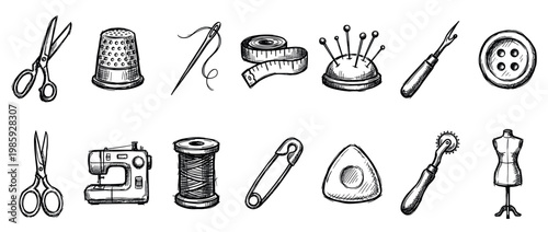 Sewing and tailoring equipment icon set hand-drawn in a vintage sketch style, including a sewing machine, scissors, thimble, needle, thread, button, and a dress form