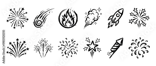 Set of twelve black hand-drawn icons featuring fireworks, rockets, comets, and fire explosions in a dynamic doodle sketch style for festive celebration designs