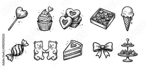 Set of hand-drawn sweet desserts and romantic icons in a black and white sketch style, featuring a cupcake, lollipop, cake, cookies, chocolates, and ice cream for Valentine's Day