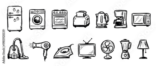 Collection of hand-drawn household appliance icons in a black ink sketch style, featuring a refrigerator, washing machine, toaster, vacuum cleaner, and other home electronics