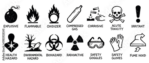Hand-drawn set of black hazard symbols and safety icons in a sketchy doodle style, illustrating chemical and laboratory warnings like explosive, flammable, and corrosive