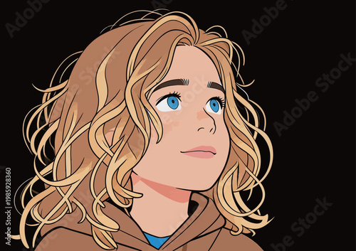 Illustration of a Curly Blonde Girl with Blue Eyes