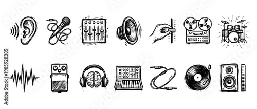 Collection of hand-drawn music and audio icons in a sketch style showing a microphone, headphones, speaker, mixer, drums, and vinyl record for sound production themes