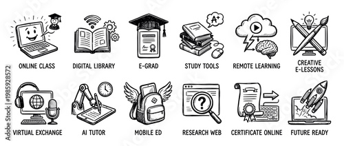 Set of twelve hand-drawn icons representing online education concepts like digital library, remote learning, and virtual exchange in a black and white sketch style