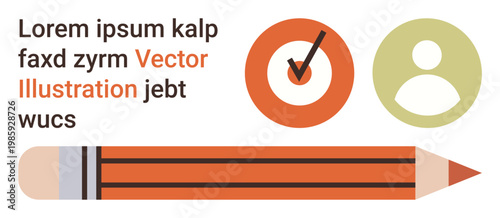 Education, feedback, user interface, content creation, communication, design layout. A pencil, checkmark and user icon. Education and feedback visual for diverse design and communication needs