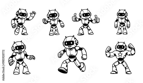 A set of seven cartoon robots in various poses and gestures