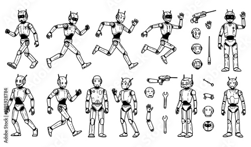 A black and white vector graphic illustration of a robot character in various poses and parts