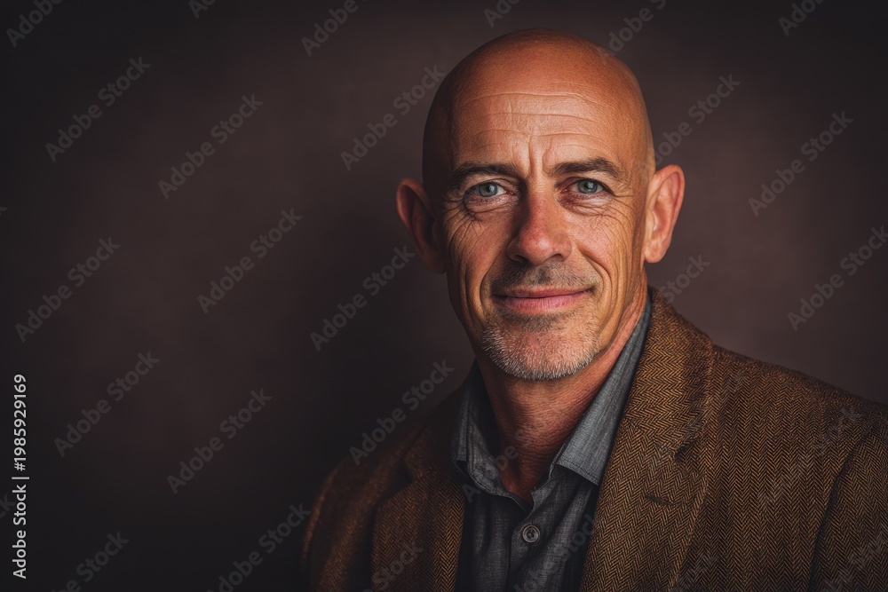 Fototapeta premium Natural light portrait of a standing middle-aged man with a warm, approachable grin