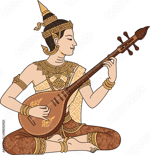 Traditional Thai Musician Character Vector Playing Classical String Instrument with Ornate Golden Costume and Royal Headdress for Thailand Cultural Heritage and Tourism Designs