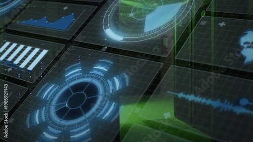 Vertical video: Holographic grid receiving green beams, radial rotating and radar sweeping for tech