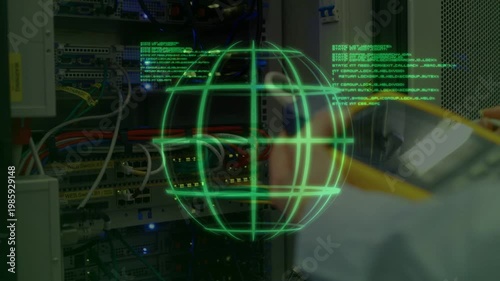 Vertical video: Tech testing servers, moving probe toward rack ports in IT, green globe forming