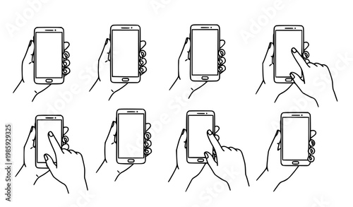 A set of hands holding and interacting with smartphones in various positions