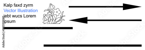 Educational materials, graphic design, presentations, visual communication, instructional aids, conceptual art. Flowers, text arrows and lines in an abstract arrangement. Graphic design and visual