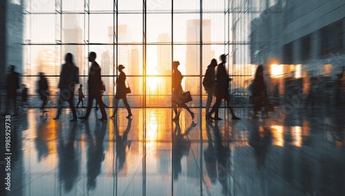 People's silhouettes move across a modern building's lobby bathed in golden light