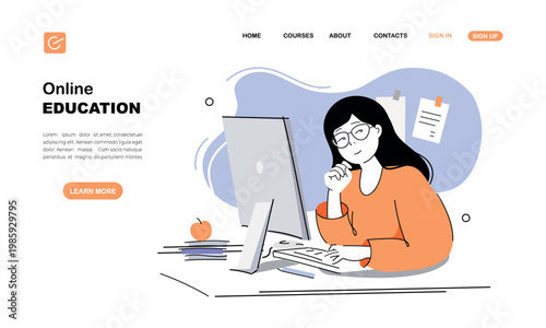 Online education, e-learning, landing page, horizontal background, school, flat design vector illustration 