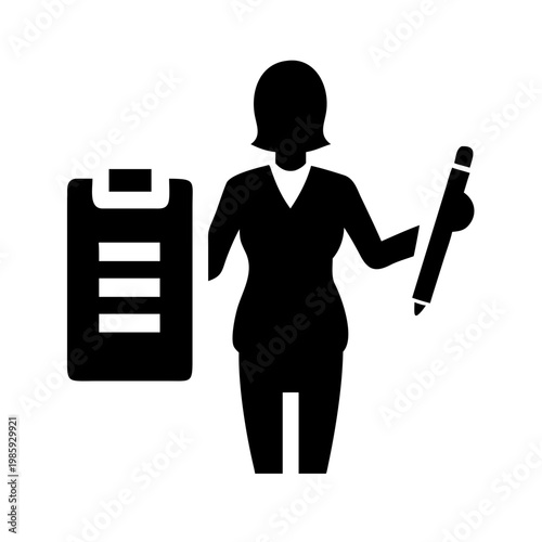 Black silhouette of a woman holding a pencil and clipboard