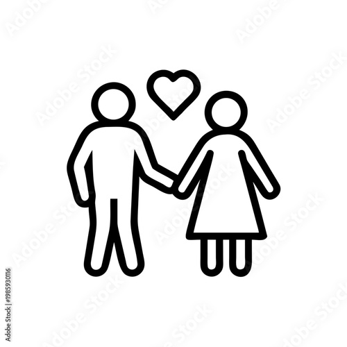 Black line art of a loving couple holding hands with a heart