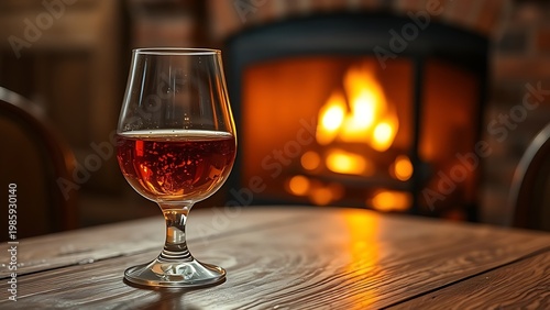 Glass of amber Armagnac on a wooden table glowing with reflections from a fireplace.