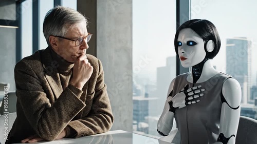 Man explains something to humanoid robot in modern office